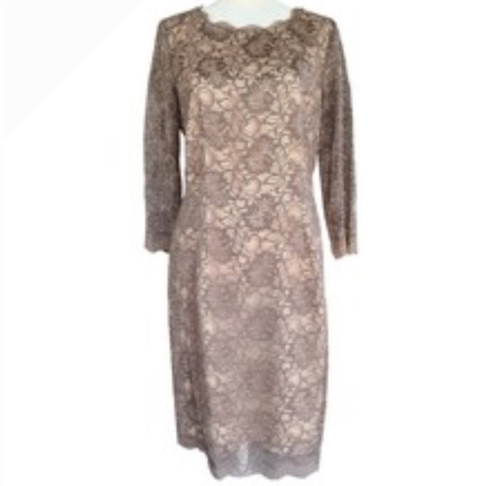 Lace Dress 3/4‎ Sleeve Floral Sheath Taupe Nude Elegant Classic